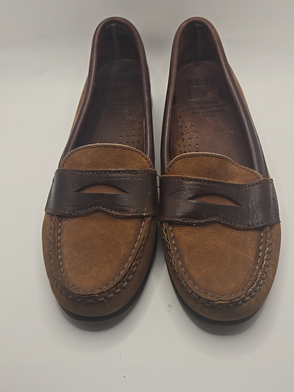 Frye Women's Brown Two-Tone Leather & Suede Penny Loafers Sz 7N Preppy Driving